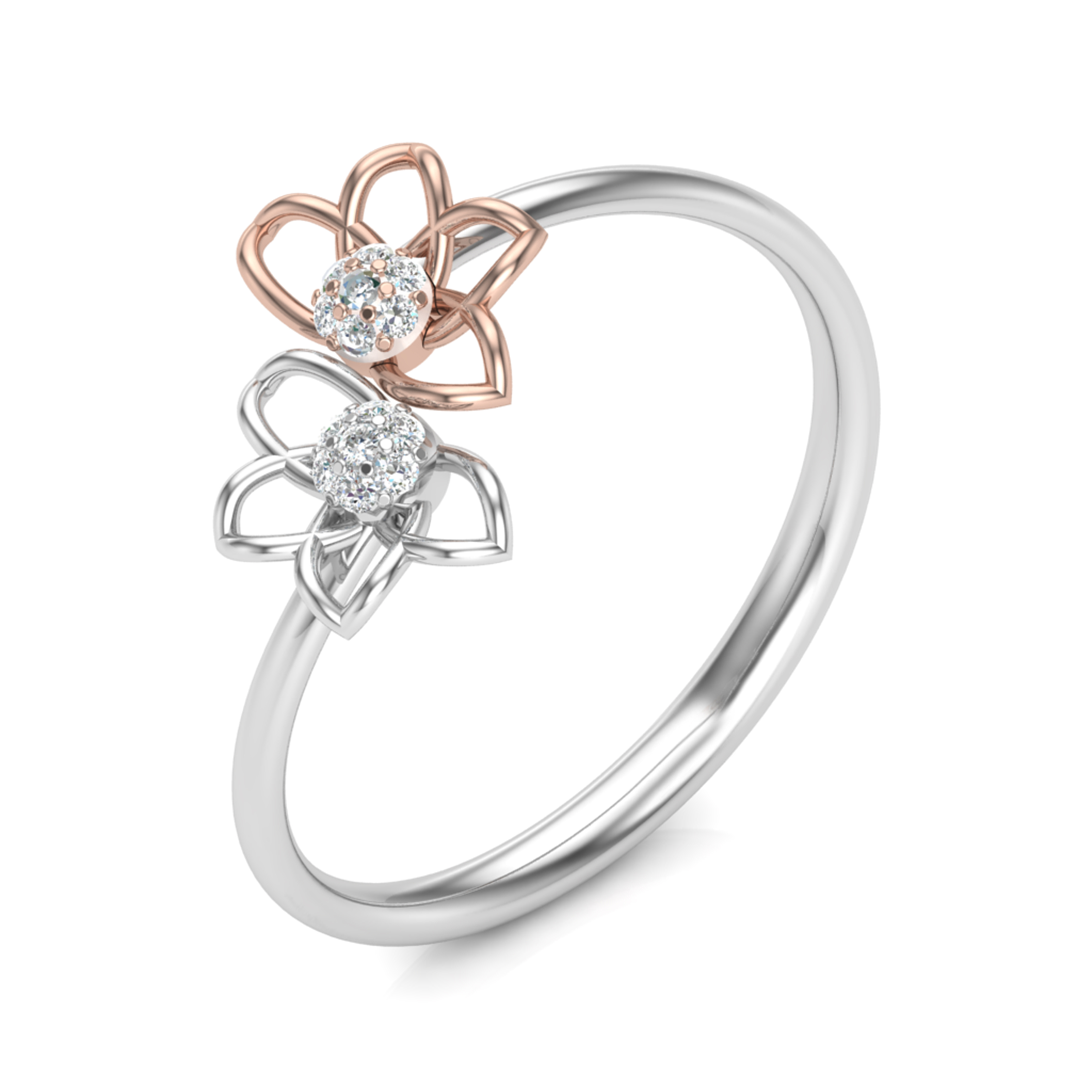 Dual-Tone Twin Floral Diamond Ring with Open Petal Design